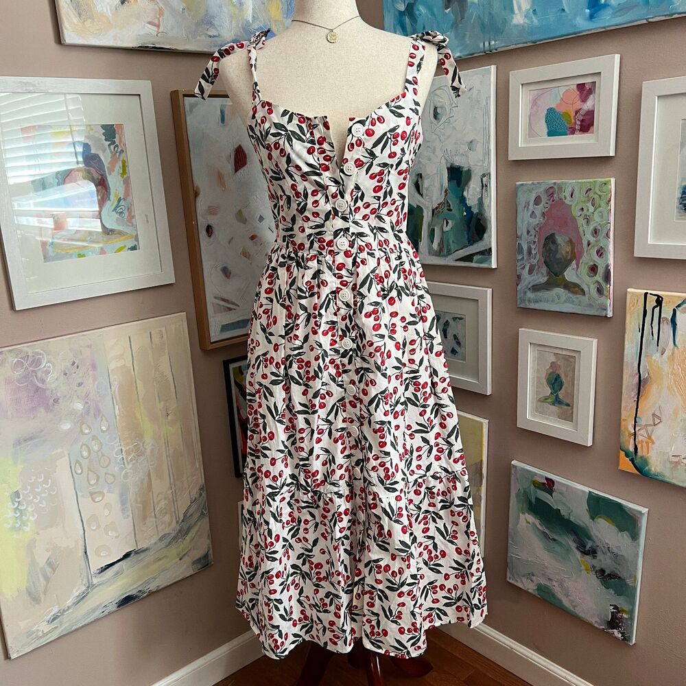 Picnic Dress Code Mode Cherry Print Tie Strap Midi Cottagecore Cotton Size XS